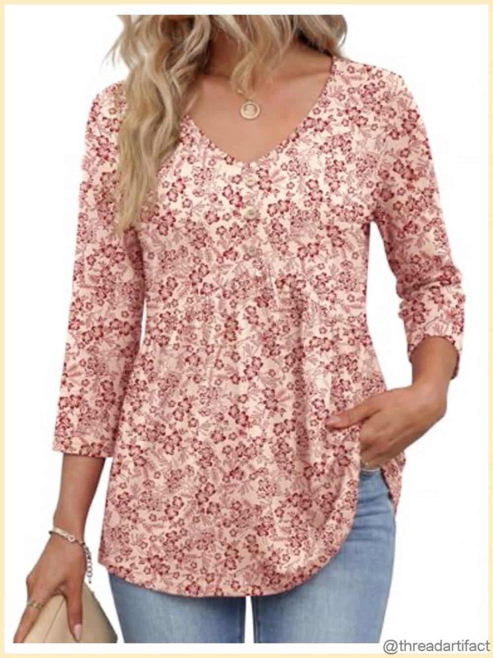 Womens 3/4 Sleeve Babydoll Top V Neck Button Down Blouse